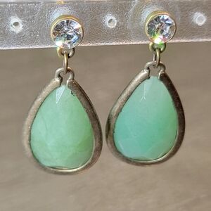 Aventurine Gemstone w/ Rhinestone Accents Drop Earrings Pierced Costume Jewelry